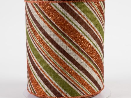 4  Diagonal Glitter Stripe Ribbon: Light Natural, Moss, Brown, Orange (10 Yards) Cheap