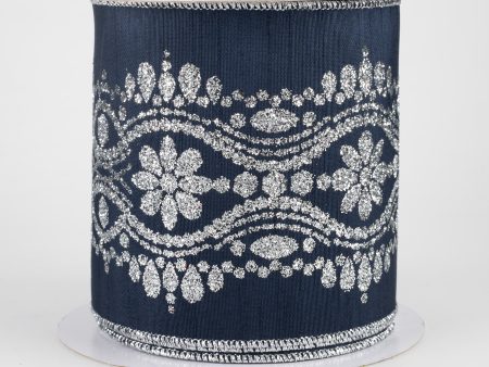 4  Luxurious Center Dupioni Ribbon: Navy Blue & Silver (10 Yards) Online now