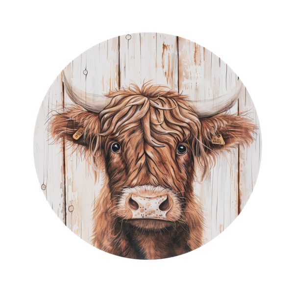 8.5  Round Waterproof Accent Sign: Highland Cow on Wood For Discount