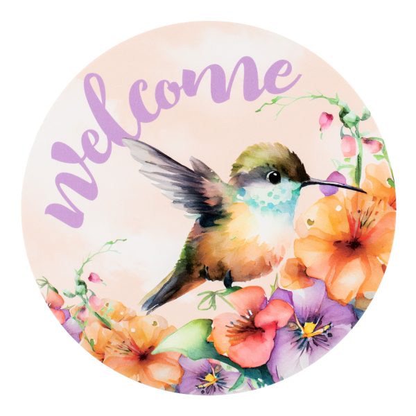 9.4  Round Waterproof Sign: Baby Hummingbird Welcome Purple For Sale