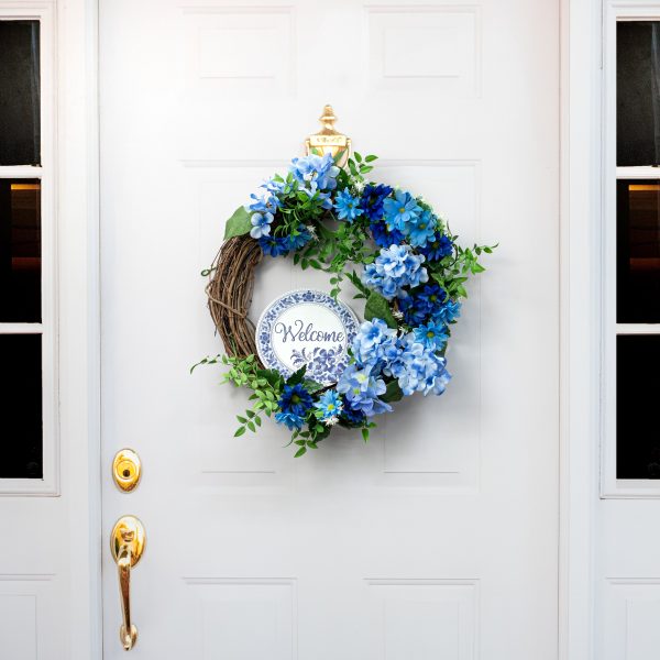 8  Metal Sign: Welcome Blue & White Floral For Sale