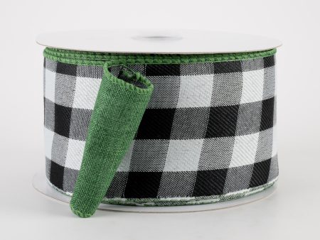 [IRREGULAR] 2.5  2-Sided Buffalo Plaid & Linen Ribbon: B&W, Emerald Green (10 Yards) Supply