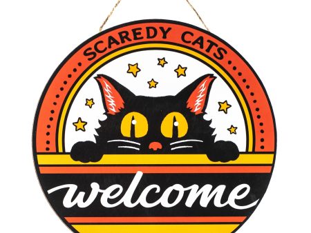 10  Round Wooden Sign: Vintage Scaredy Cats Welcome Discount