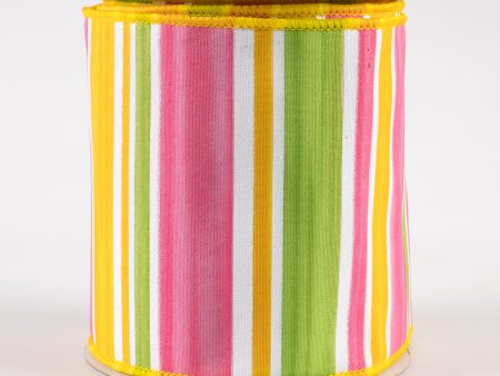 4  Multi Width Horizontal Stripe Ribbon: White, Green, Pink, Yellow (10 Yards) Supply