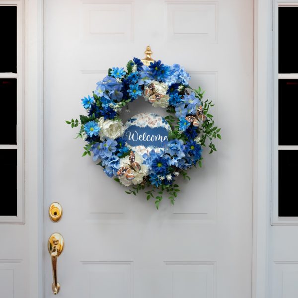 8.5  Round Waterproof Sign: Scalloped Welcome Blue Brown Butterflies Online