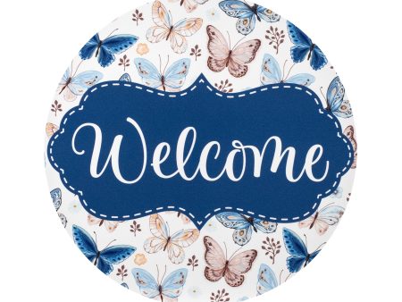 8.5  Round Waterproof Sign: Scalloped Welcome Blue Brown Butterflies Online