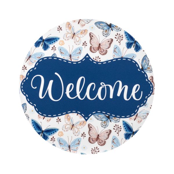 8.5  Round Waterproof Sign: Scalloped Welcome Blue Brown Butterflies Online