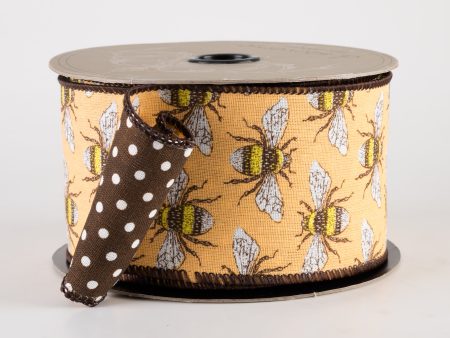 [D Stevens] 2.5  Faux Linen Brown Bees, White Polka Dot Back Ribbon (10 Yards) For Sale