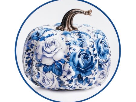 8.5  Round Waterproof Sign: Blue & White Roses Floral Pumpkin Hot on Sale