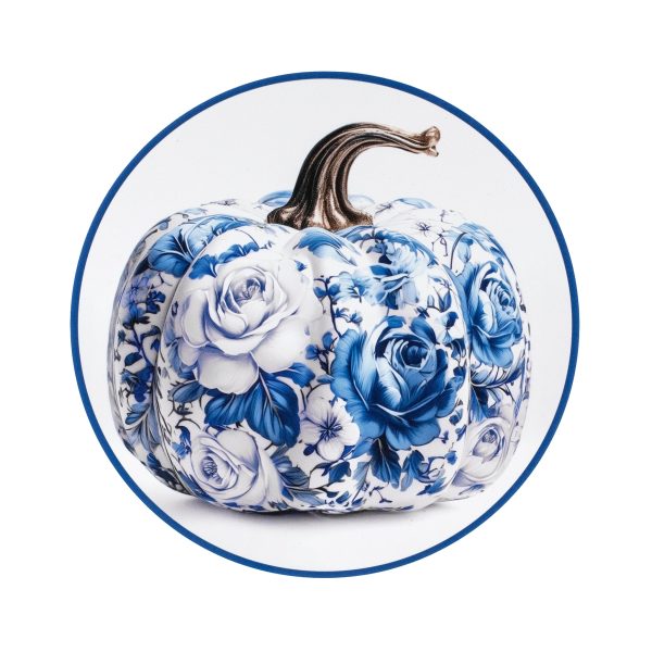 8.5  Round Waterproof Sign: Blue & White Roses Floral Pumpkin Hot on Sale