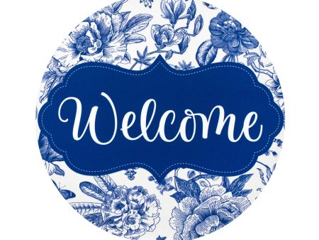 8.5  Round Waterproof Sign: Scalloped Welcome Blue Floral Chinoiserie For Cheap