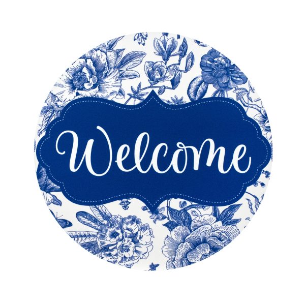 8.5  Round Waterproof Sign: Scalloped Welcome Blue Floral Chinoiserie For Cheap