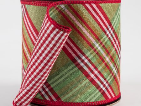 [D Stevens] 4  Faux Dupioni North Pole Diagonal Plaid & Red Check Ribbon: Green & Red (10 Yards) on Sale