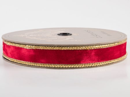 [D Stevens] 1  Velvet Gold Braid Edge Ribbon: Red (10 Yards) Sale