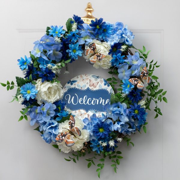 8.5  Round Waterproof Sign: Scalloped Welcome Blue Brown Butterflies Online