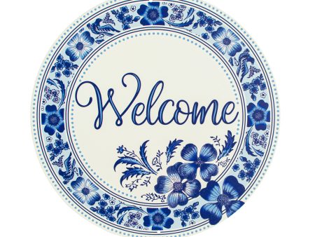 8  Metal Sign: Welcome Blue & White Floral For Sale