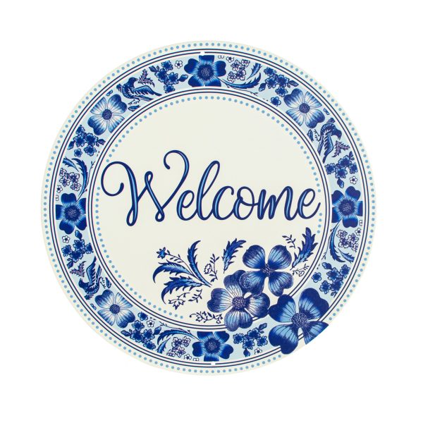 8  Metal Sign: Welcome Blue & White Floral For Sale