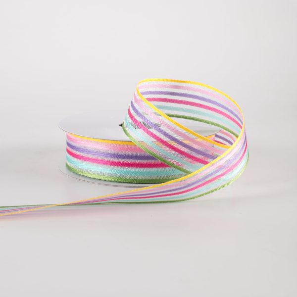 7 8  Pastel Rainbow Stripes White Sheer Woven Ribbon (10 Yards) Supply