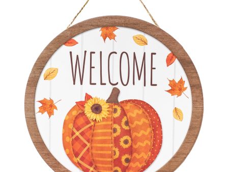 10  Round Wooden Sign: Welcome Quilted Pumpkin Online Sale