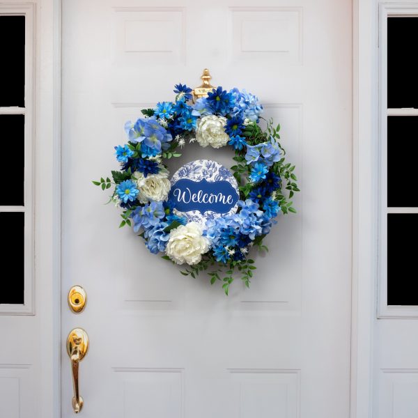 8.5  Round Waterproof Sign: Scalloped Welcome Blue Floral Chinoiserie For Cheap