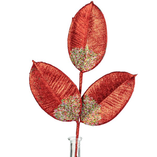 18  Glitter Magnolia Leaves Spray: Red For Discount