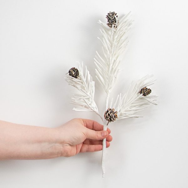 15  White Glitter Foam Pine with Pinecones Pick Fashion