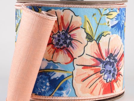 [D Stevens] 4  Dupioni Watercolor Primrose Daisies Ribbon: Peach & Blue (10 Yards) on Sale