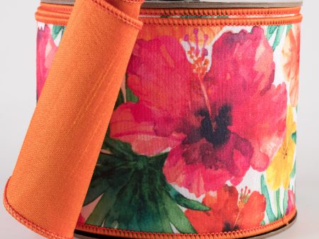 [D Stevens] 4  Dupioni Watercolor Hibiscus & Palms Ribbon: Pink & Orange (10 Yards) Sale