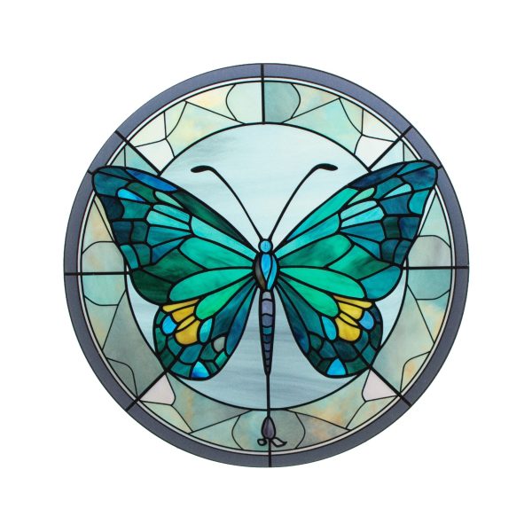 8.5  Round Waterproof Accent: Stained Glass Butterfly Teal Online Hot Sale