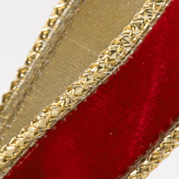 [D Stevens] 1  Velvet Gold Braid Edge Ribbon: Red (10 Yards) Sale