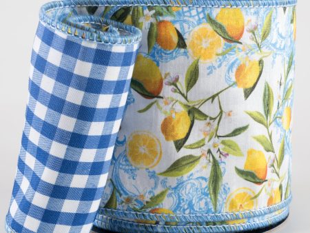 [D Stevens] 4  Dupioni Watercolor Lemons & Acanthus Ribbon: Blue & White (10 Yards) on Sale