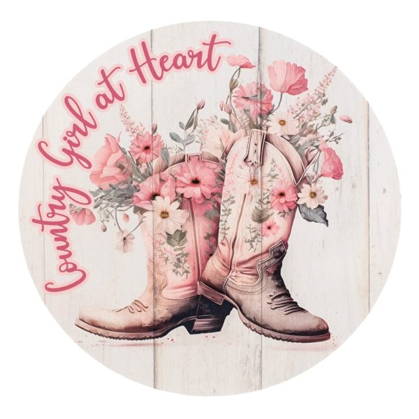 9.4  Round Waterproof Sign: Country Girl Pink Floral Cowboy Boots Online