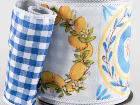 [D Stevens] 4  Dupioni Lemons & Tiles Ribbon: Blue & White (10 Yards) Cheap