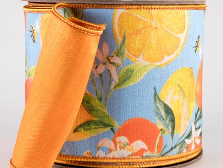 [D Stevens] 4  Dupioni Watercolor Citrus & Blossoms Ribbon: Blue & Orange (10 Yards) For Cheap