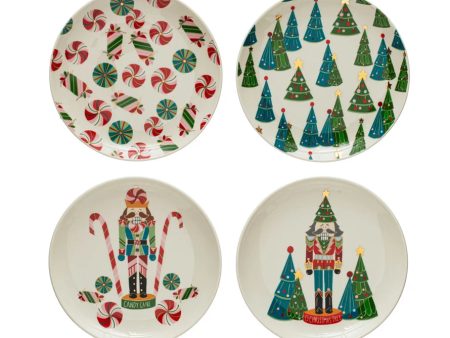 6  Round Stoneware Plate w  Holiday Pattern Image, Multi Color, 4 Styles Cheap