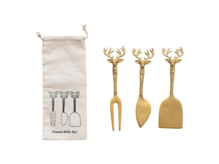 Brass Cheese Knives w  Reindeer Handles, Set of 3 in Printed Drawstring Bag Hot on Sale