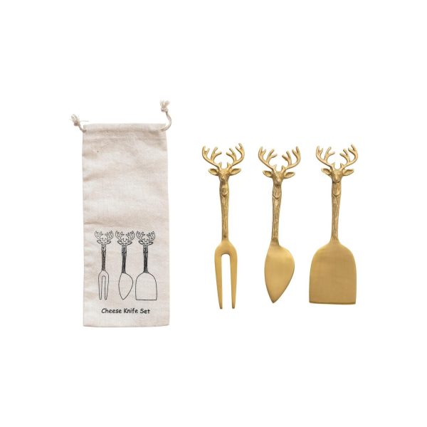 Brass Cheese Knives w  Reindeer Handles, Set of 3 in Printed Drawstring Bag Hot on Sale