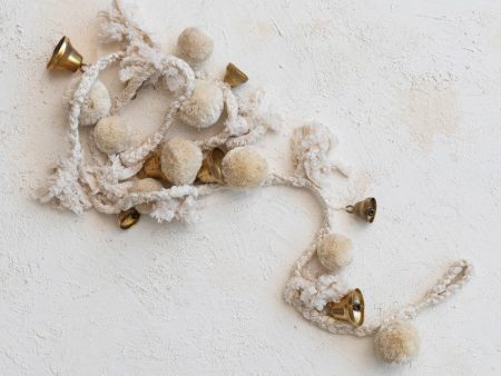 Handmade Wool & Cotton Blend Pom Pom & Bell Garland, Natural & Brass Finish Hot on Sale