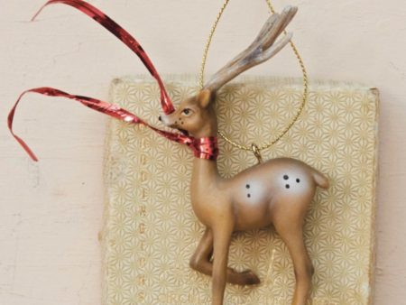 Resin Deer Ornament w  Ribbon, Brown & Red Discount