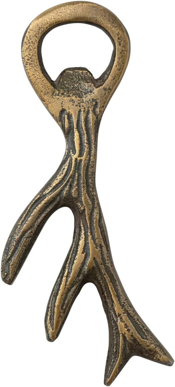 6  L Cast Aluminum Antler Bottle Opener, Antique Gold Finish For Sale