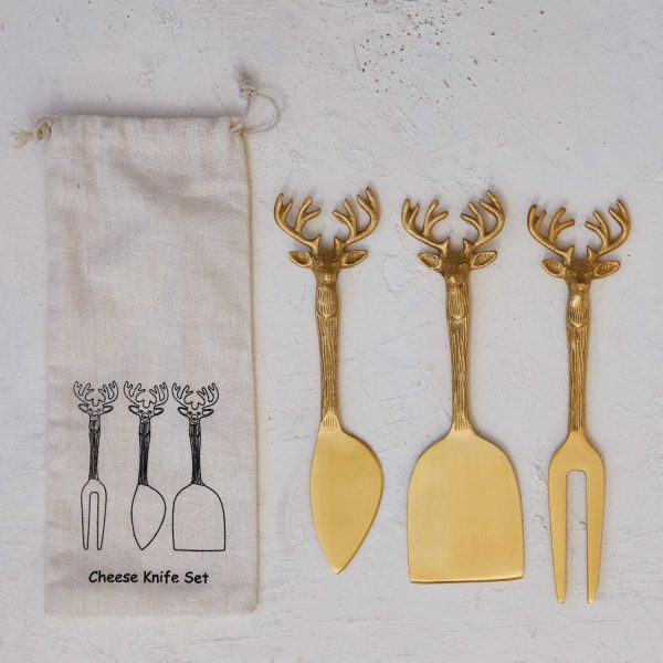 Brass Cheese Knives w  Reindeer Handles, Set of 3 in Printed Drawstring Bag Hot on Sale